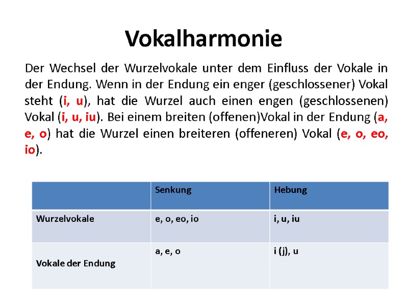 Vokalharmonie Der Wechsel der Wurzelvokale unter dem Einfluss der Vokale in der Endung. Wenn
